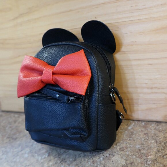 Minnie Mouse Style Mini Back Pack Purse Faux Leather Black with Red Bow Cute - Picture 2 of 12